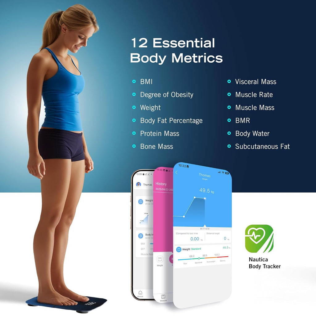 Nautica Smart Body Composition Scale with BMI, Body Fat, Bluetooth App, Hidden LED

