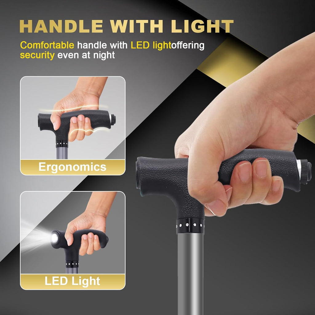 BigAlex Folding Walking Cane with Seat and LED Light, Adjustable Walking Support

