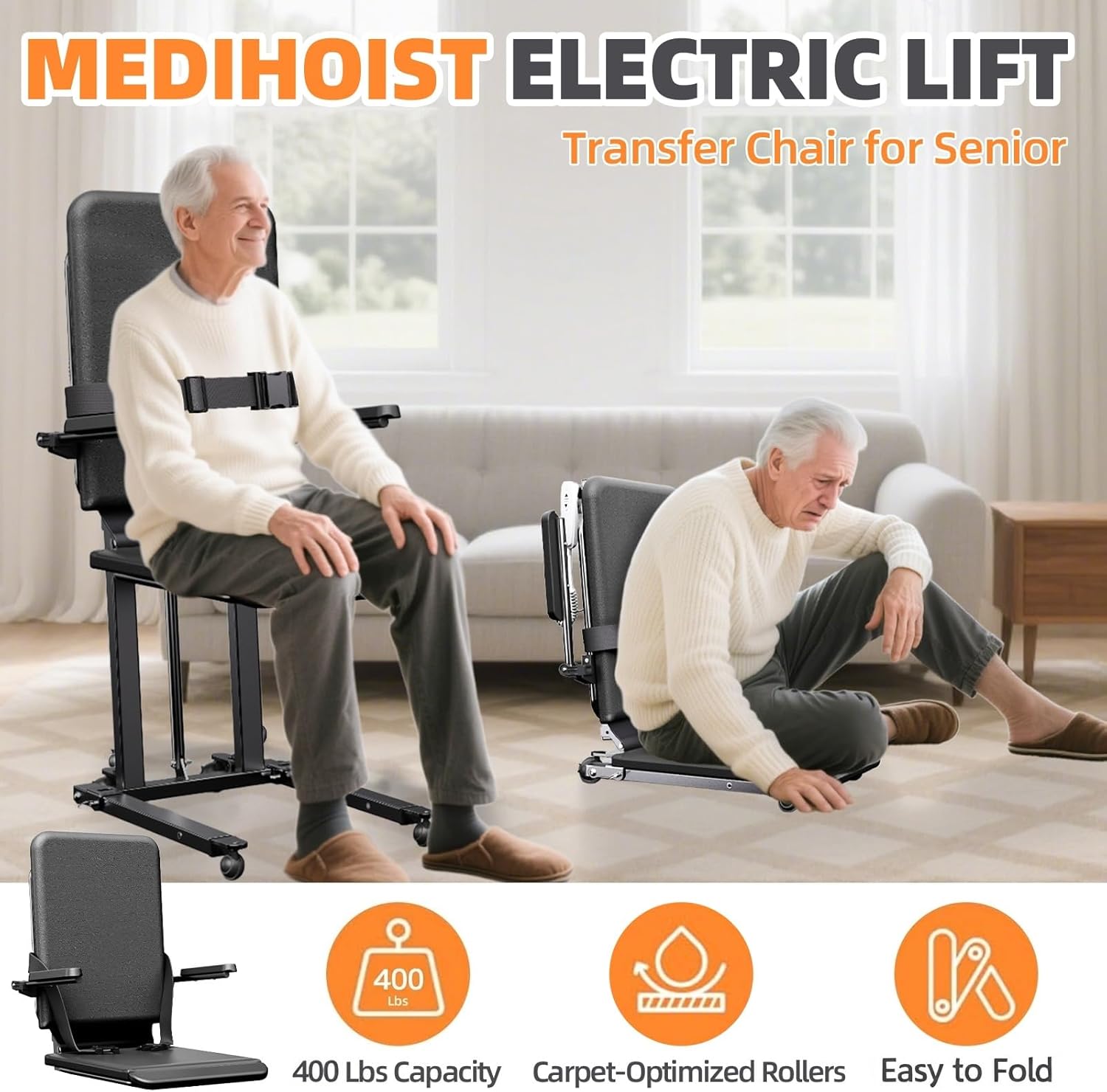 Electric Lift Chair with Floor-to-Stand Assistance, PU Cushion, Safety Rails and Belt

