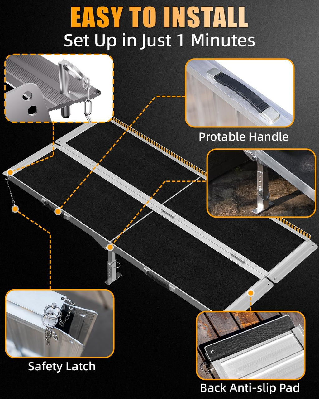 VNN Wheelchair Ramp Portable Aluminum Threshold Ramp with 4 Support Legs, 800 lb

