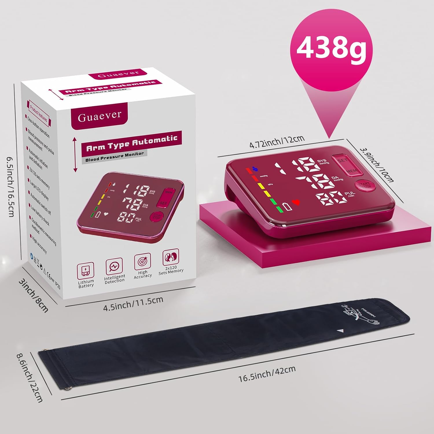 GUAEVER Rechargeable Upper Arm Blood Pressure Monitor Large LED Voice BP Machine


