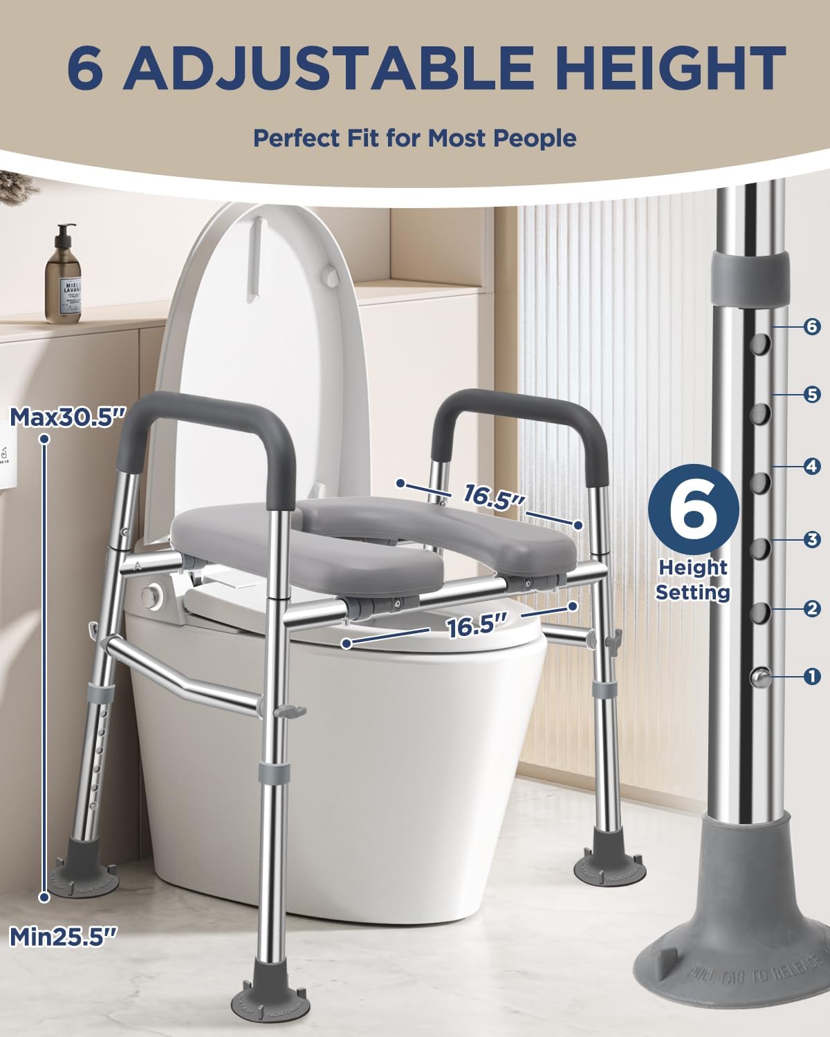 Toilet Seat Riser with Handles, Stainless Steel Raised Toilet Seat, Adjustable Height

