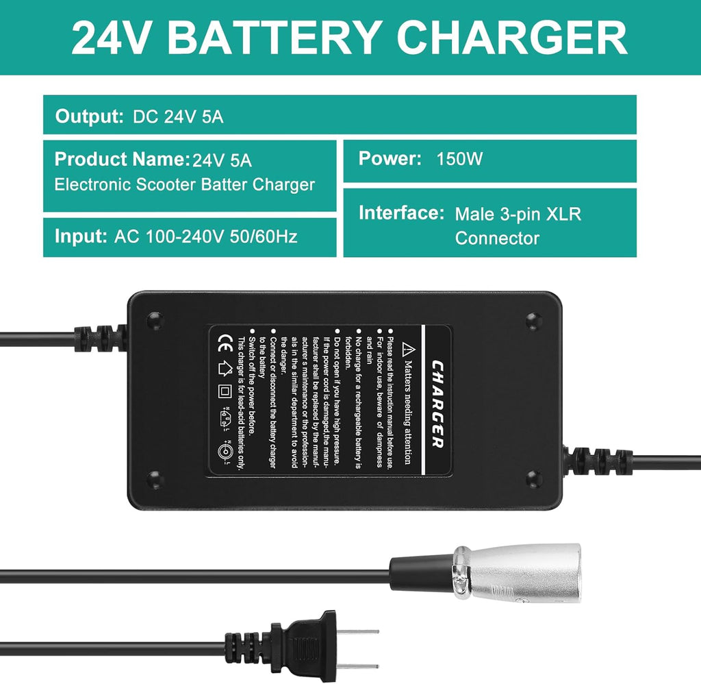 24V 5A Lead-Acid Battery Charger for Mobility Scooter and Power Chair, 3-Pin XLR

