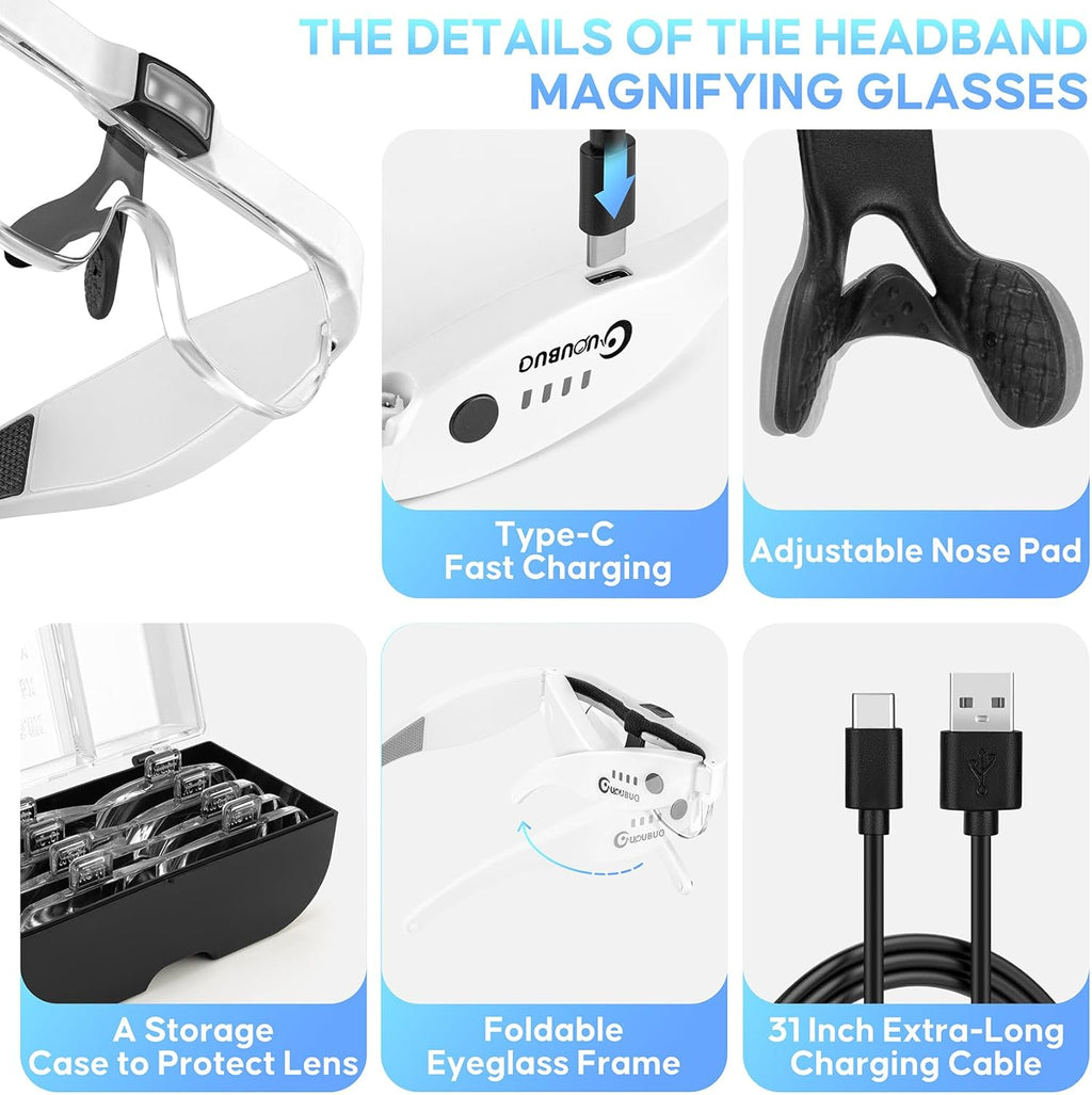 Rechargeable Head Magnifier with Light, Detachable Lenses 1.5X 2.5X 3.5X 5X


