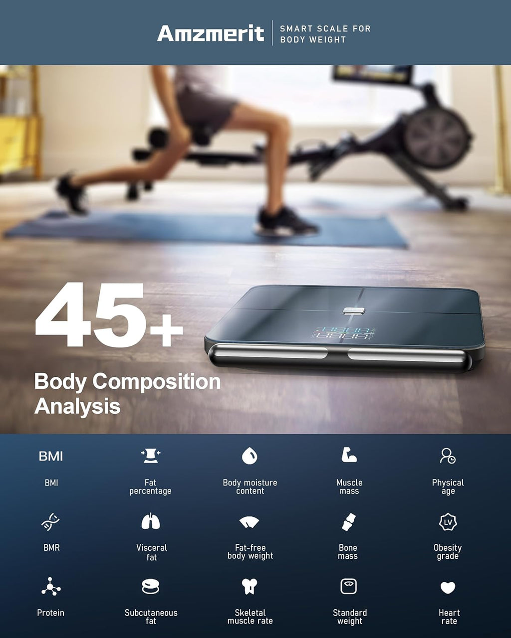 Amzmerit Smart Scale Body Weight 8-Electrode BIA Bluetooth WiFi Rechargeable

