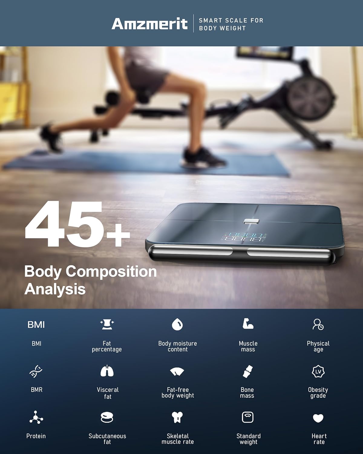 Amzmerit Smart Scale Body Weight 8-Electrode BIA Bluetooth WiFi Rechargeable

