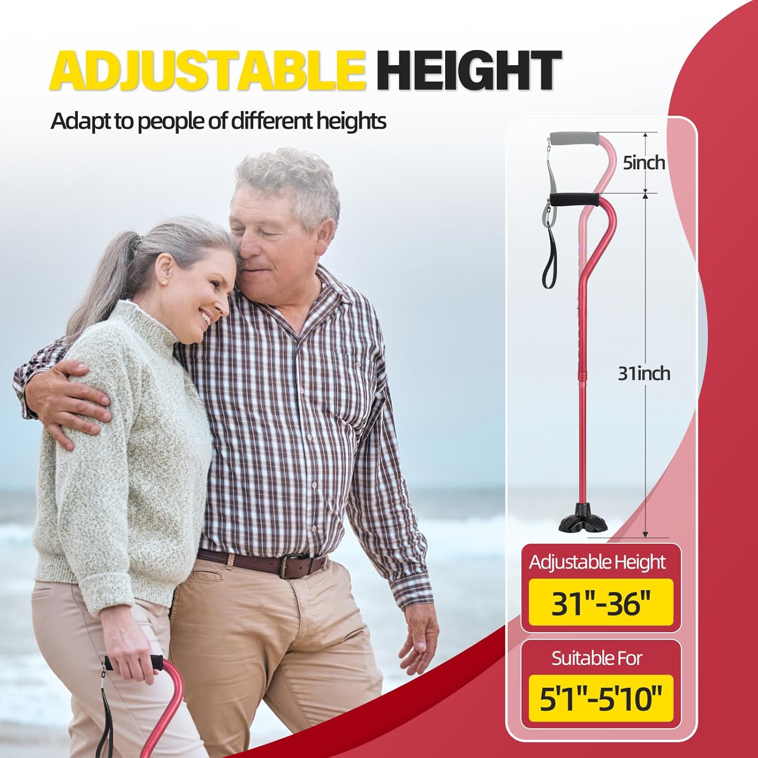 BeneCane Adjustable Walking Cane Offset Cushioned Handle, Lightweight Stability Base

