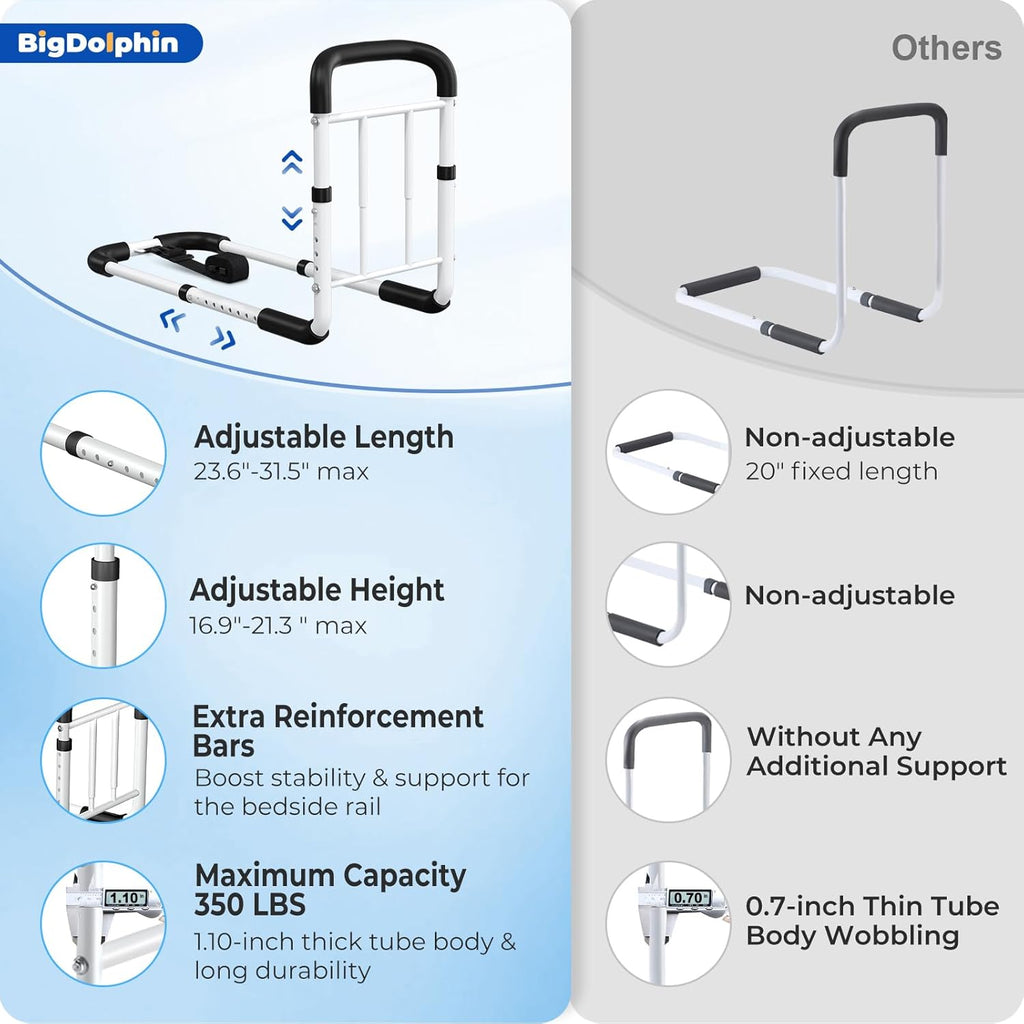 BigDolphin Adjustable Bed Rail for Seniors, Non-Slip Handle, Storage Pocket

