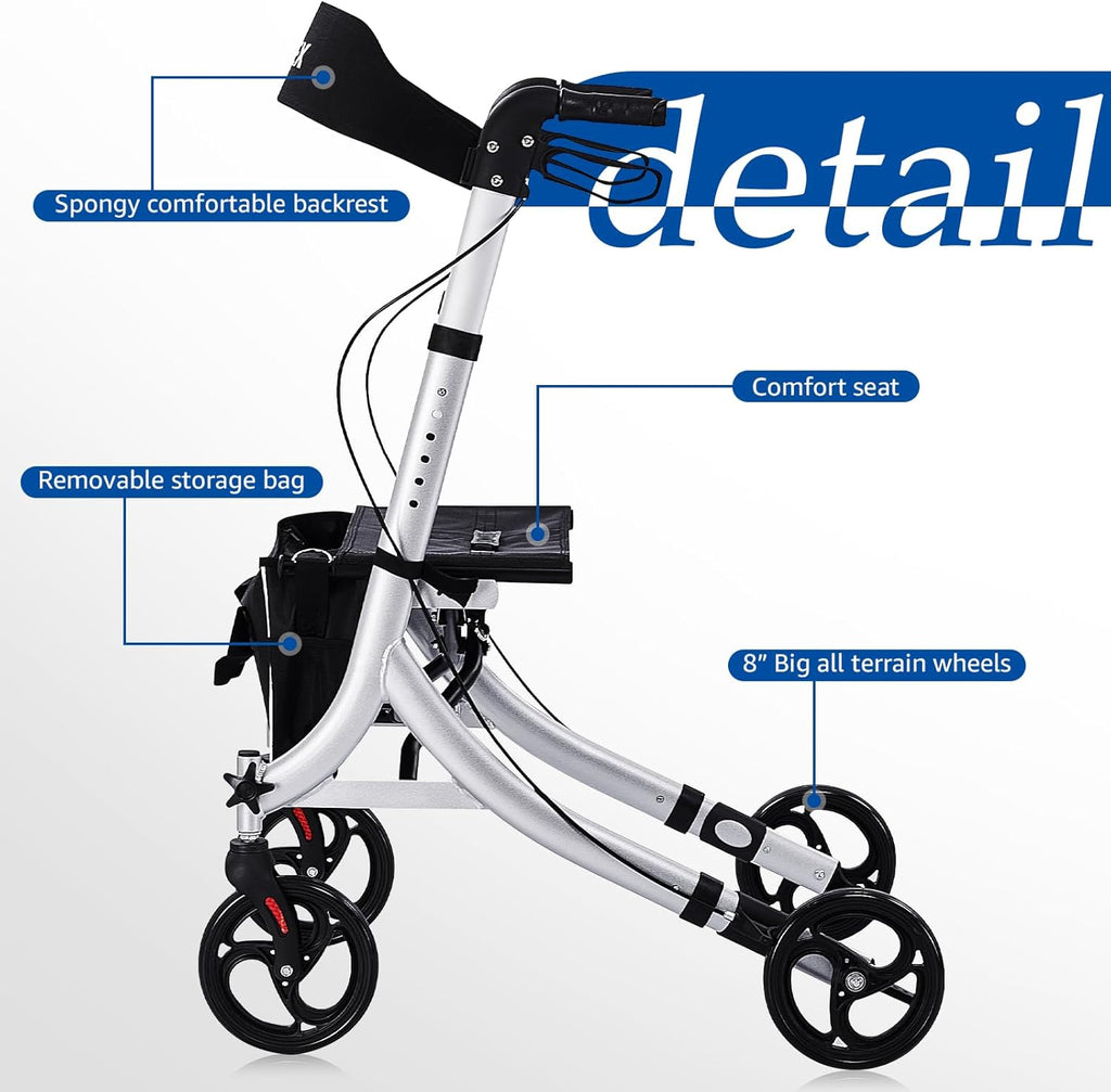 Rollator Walker for Seniors with Seat Backrest, Folding Aluminum, Brakes, 8" Wheels


