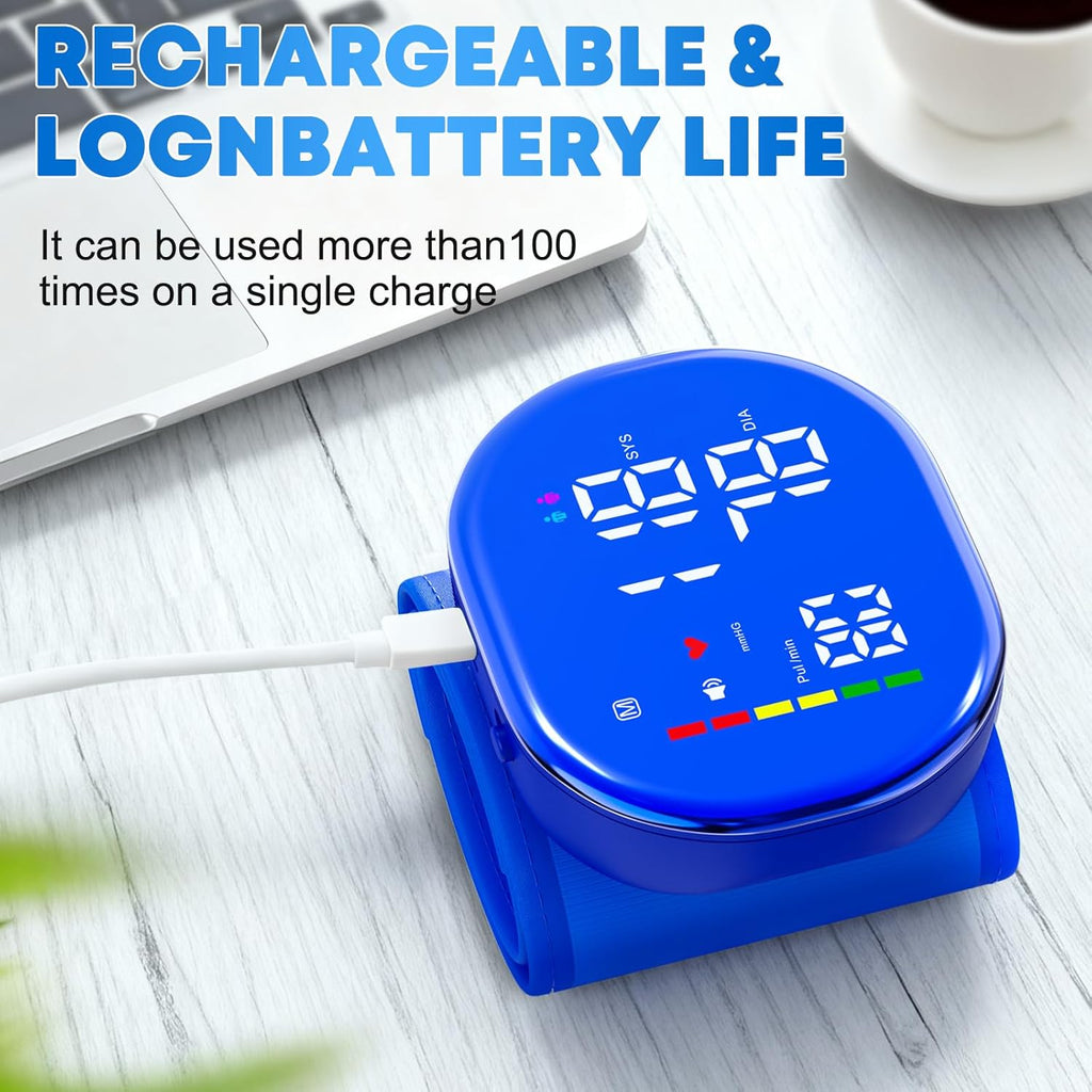 Rechargeable Wrist Blood Pressure Monitor with LED Display and One-Button Operation

