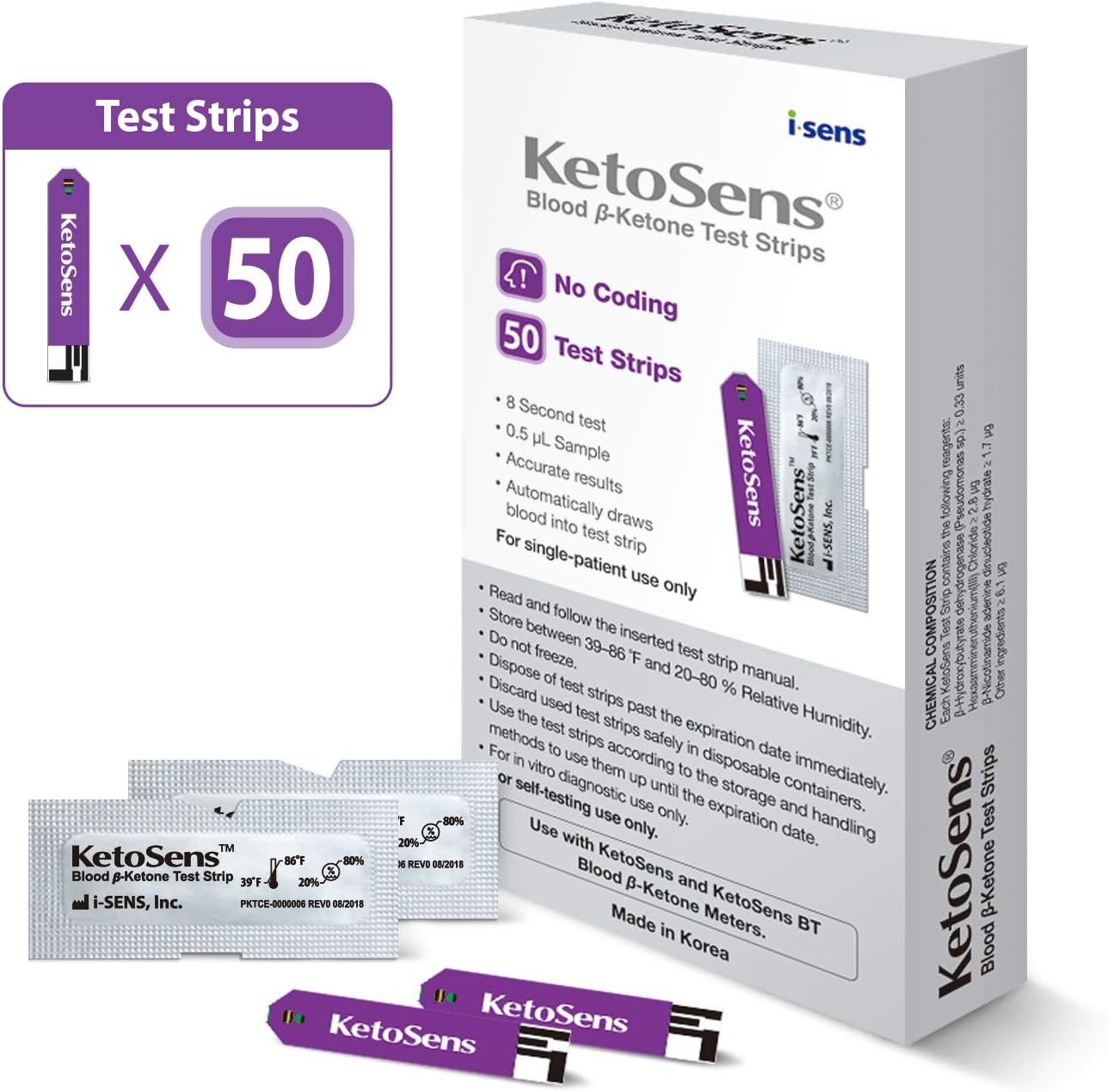 KetoSens Blood Ketone Test Strips for Keto Monitoring, 50 Count Refill

