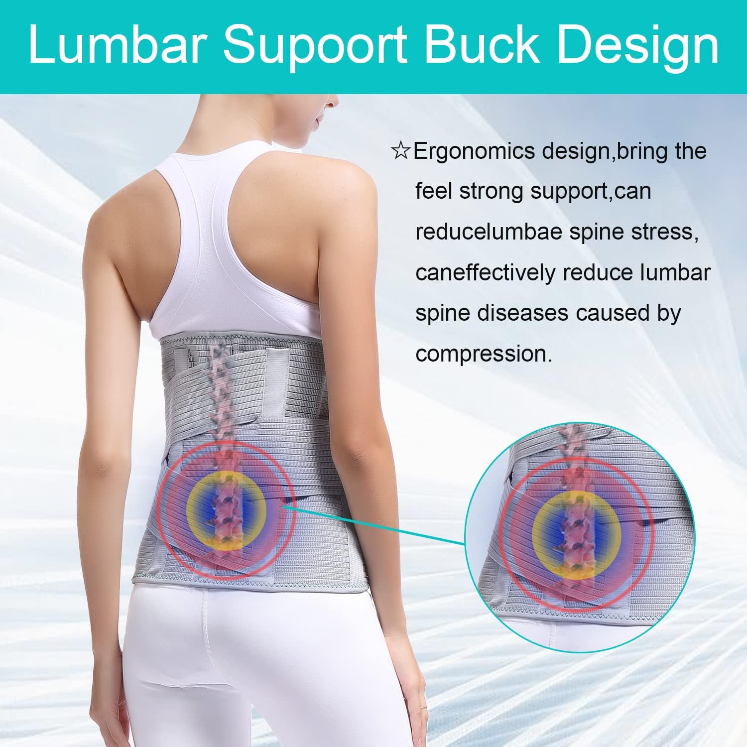 Adjustable Lumbar Back Brace Support Belt for Men and Women with Aluminum Inserts

