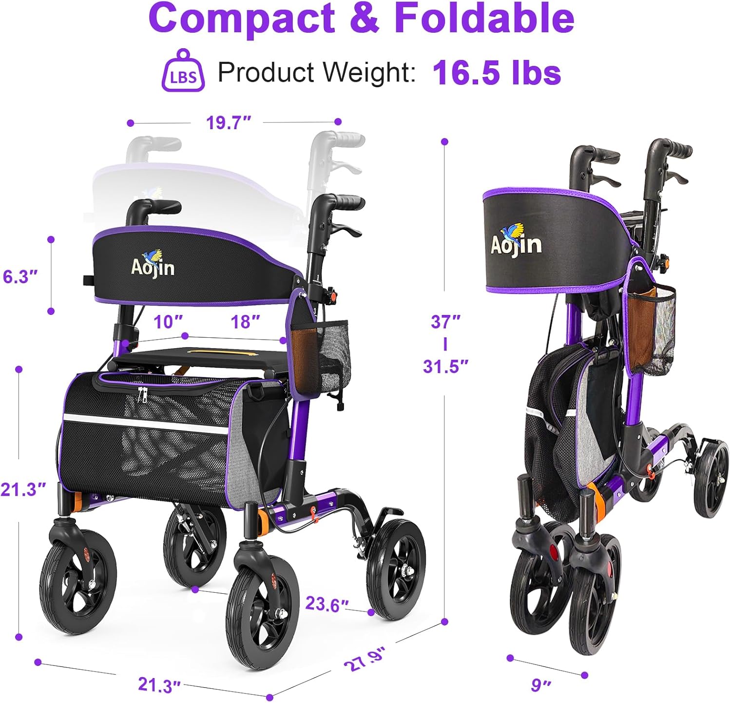 Aojin Rollator Walker with Seat, 350 lb Capacity, 6-Level Height, 8" All-Terrain Wheels

