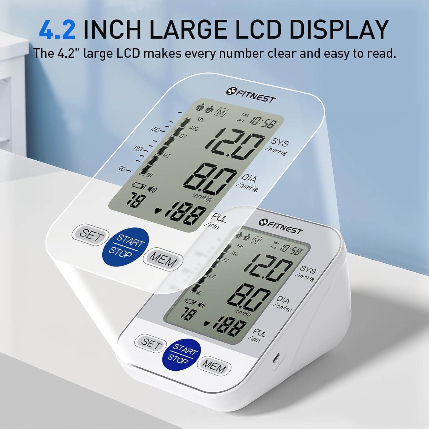 Upper Arm Automatic Digital Blood Pressure Monitor with Large LCD and Adjustable Cuff

