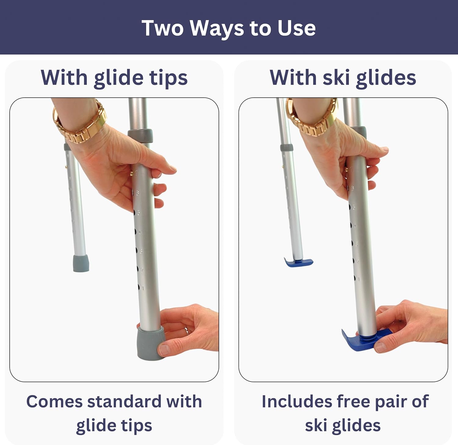 Two-Button Folding Walker with 5 in Wheels and Ski Glides, Height Adjustable

