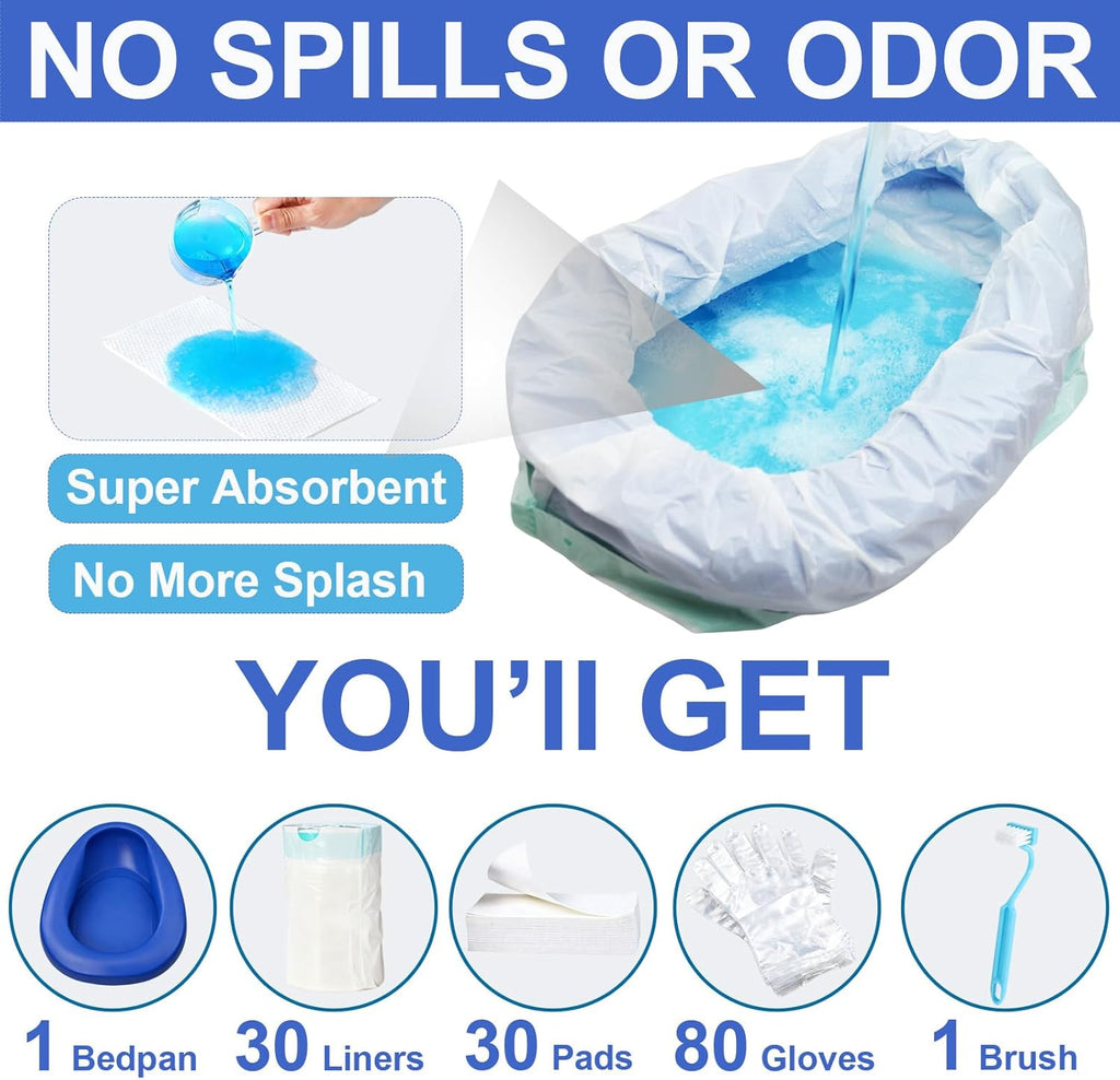 Bed Pan with Disposable Liners, Absorbent Pads, Gloves & Cleaning Brush

