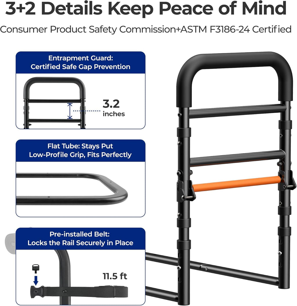 Elderly Bed Assist Rail, Adjustable Height Safety Bed Rails, Tool-Free

