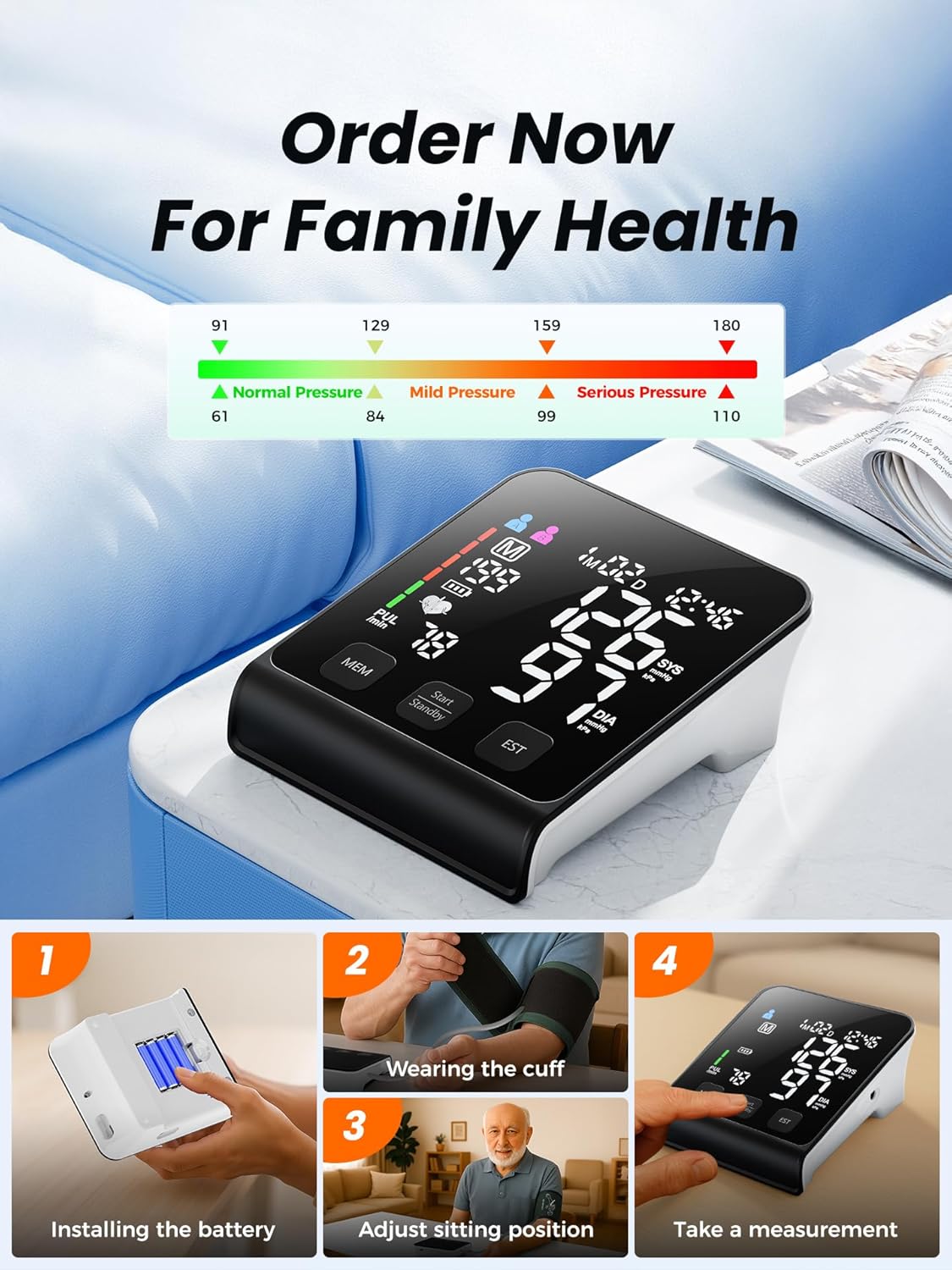Upper Arm Electronic Blood Pressure Monitor, Automatic Digital BP with Backlit Display

