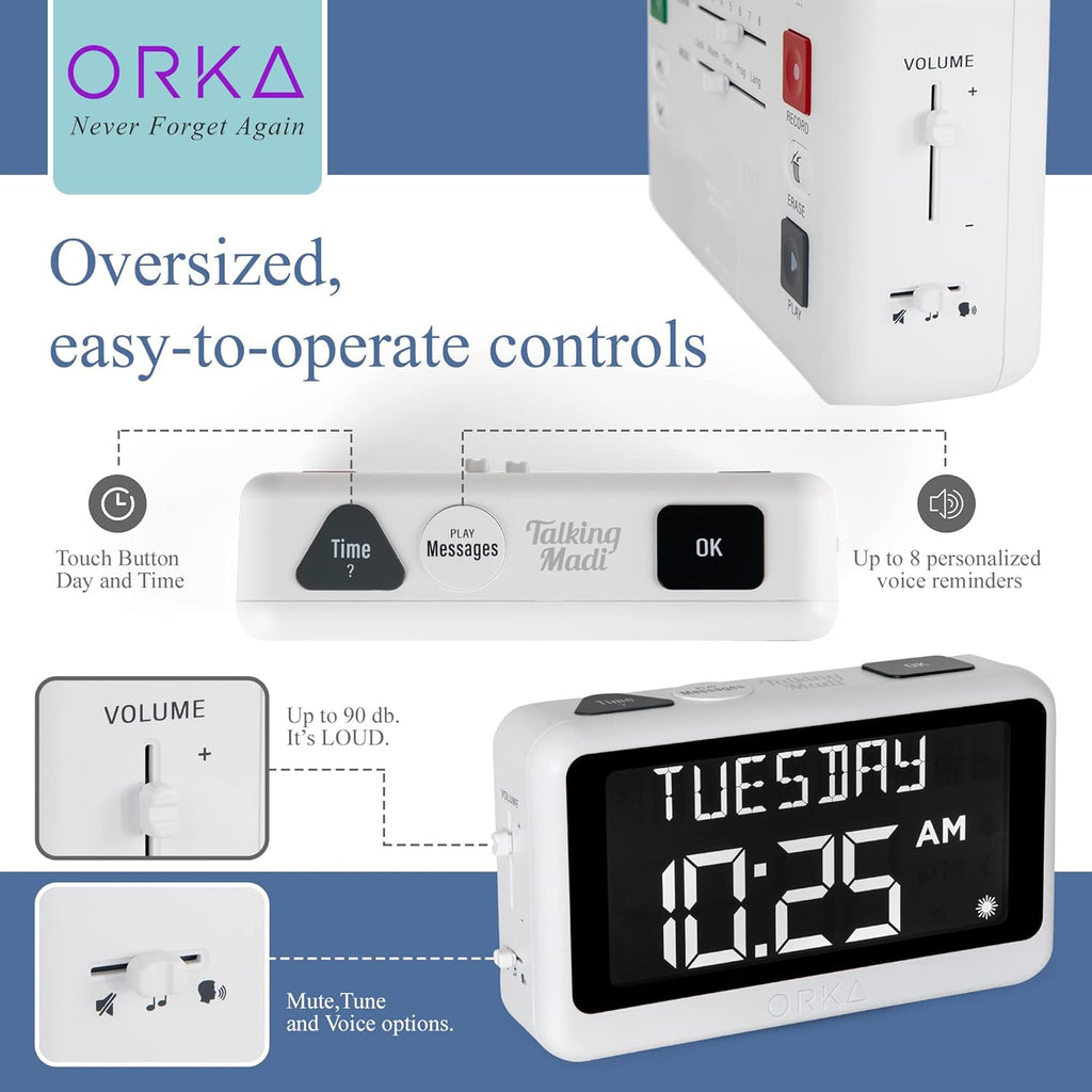 ORKA Talking Pill Reminder Alarm Clock with Voice Recording, Large Digital Display

