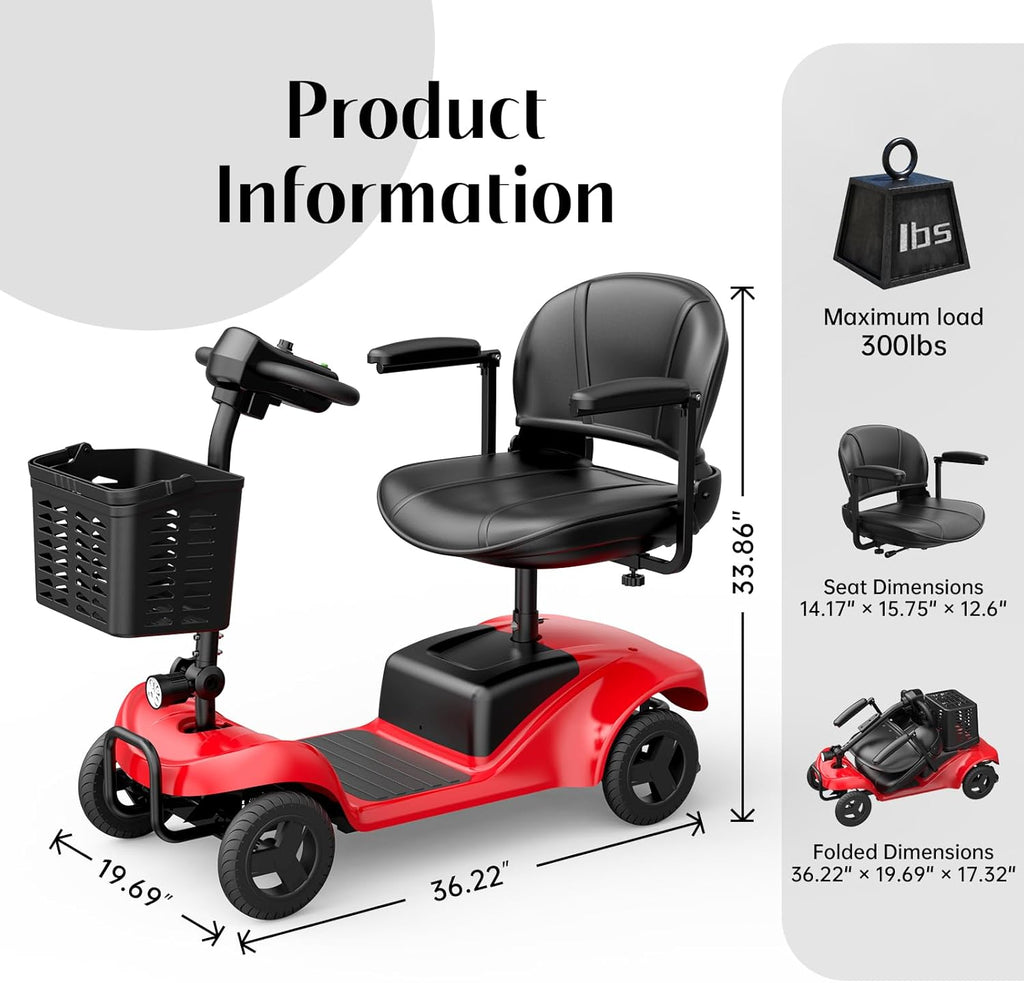AXADA 4-Wheel Foldable Mobility Scooter for Adults, LED Headlights, 300 lb Capacity

