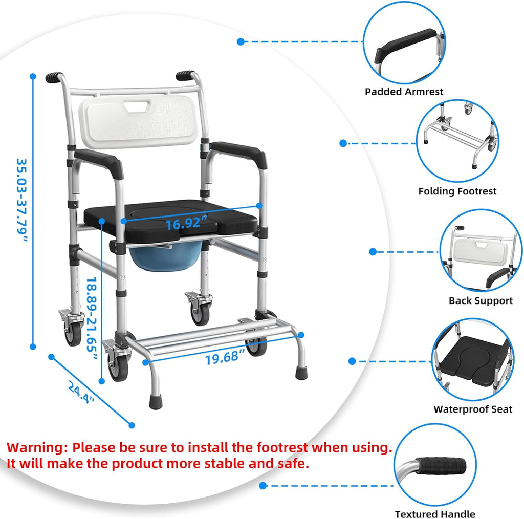 4-in-1 Rolling Bedside Commode Chair with Wheels for Shower and Raised Toilet Seat

