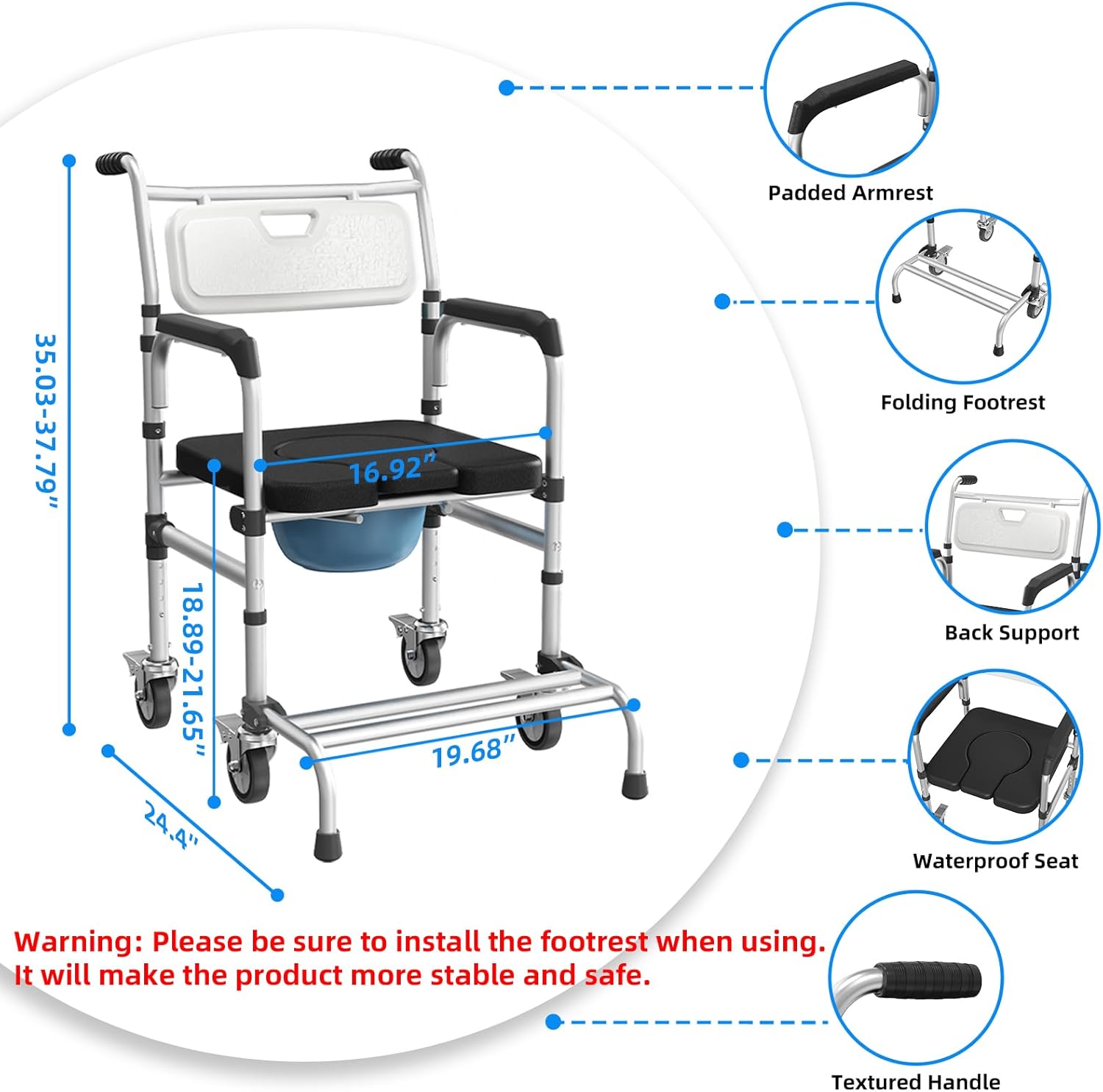 4-in-1 Rolling Bedside Commode Chair with Wheels for Shower and Raised Toilet Seat

