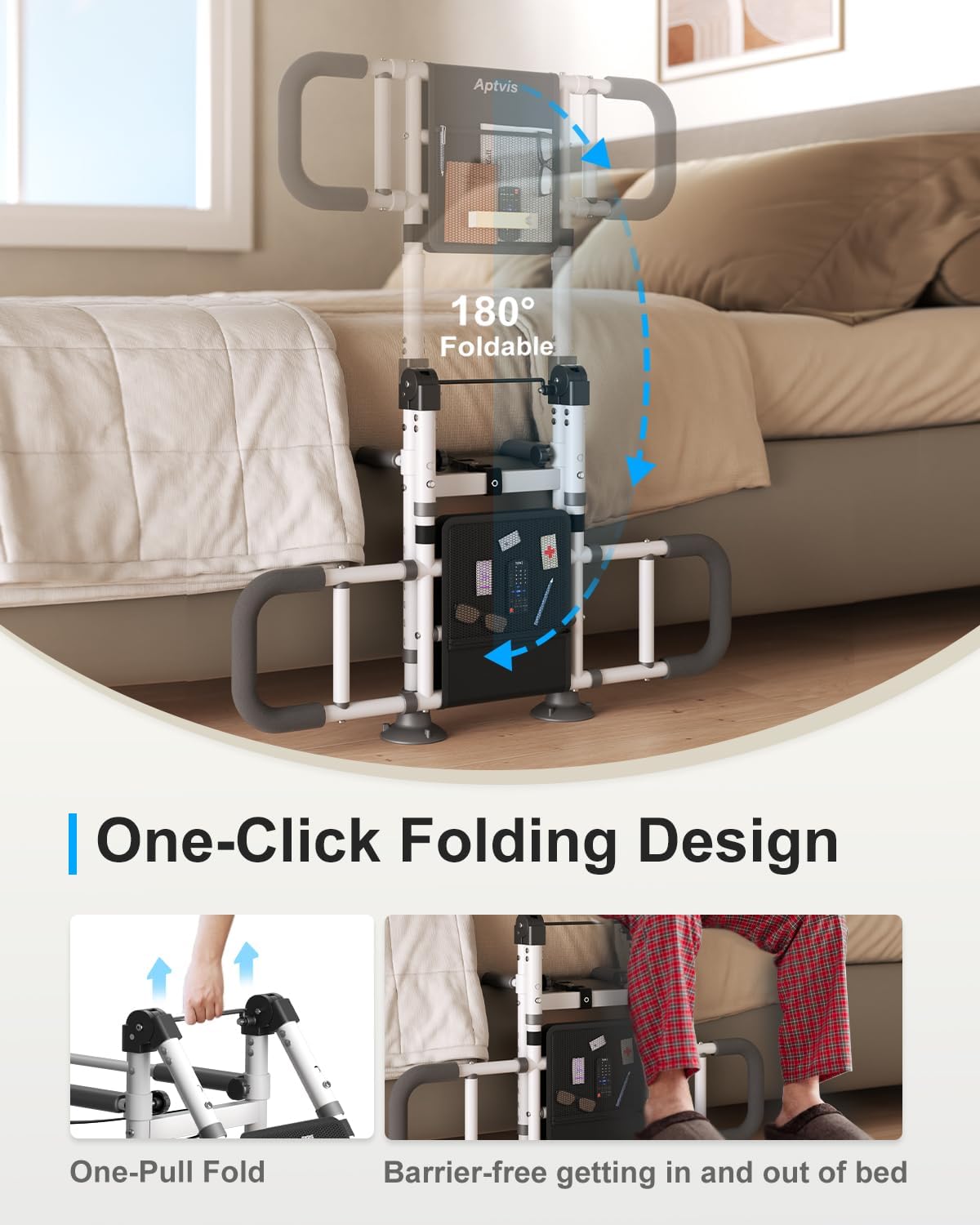 Foldable Bed Assist Rail for Seniors, ASTM Compliant Safety Support with Motion Light

