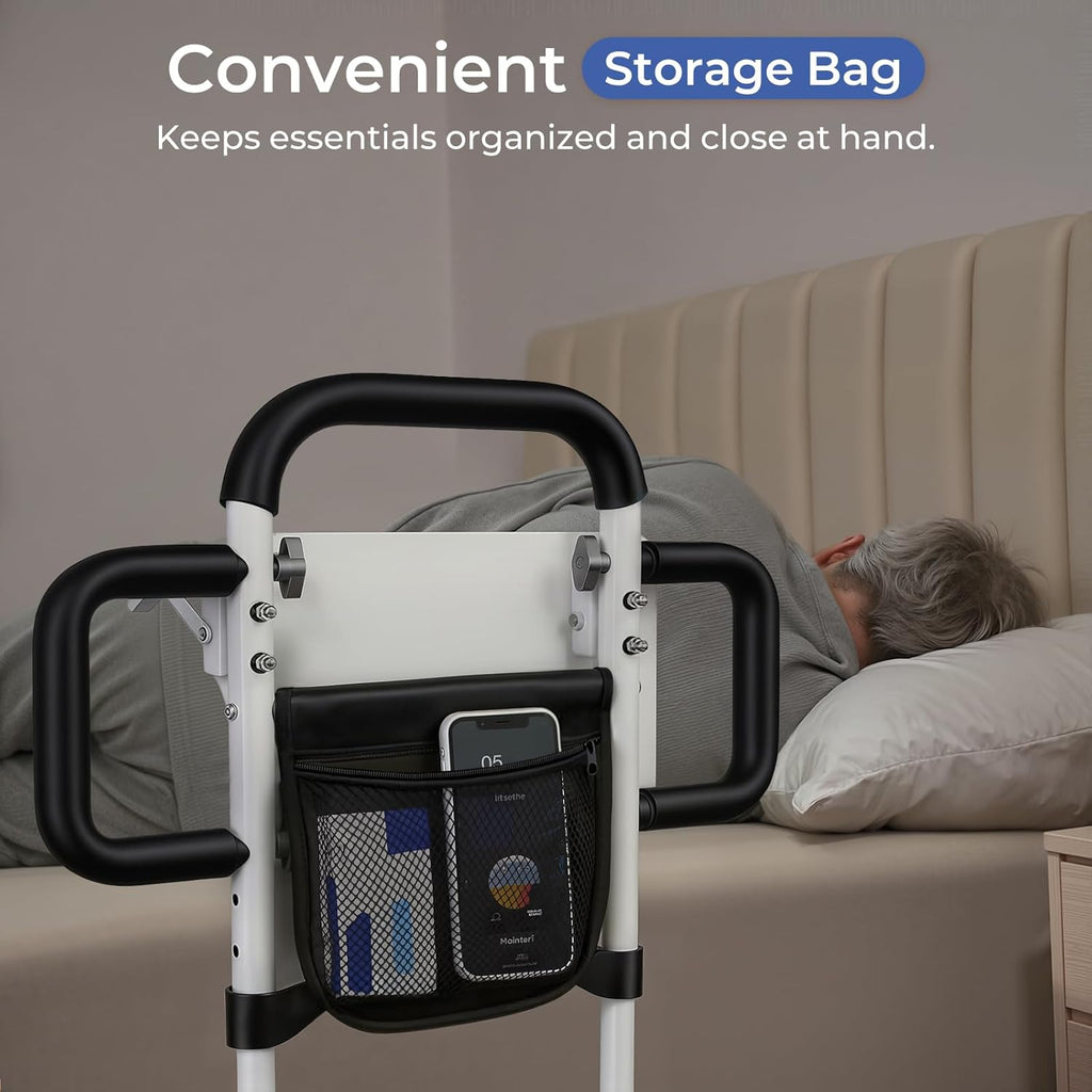Height Adjustable Bed Rail for Elderly with Non-Slip Grip, Assist Bar and Table

