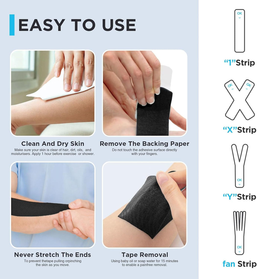 OK Tape Kinesiology Tape Pre-Cut Strips Bulk, Latex-Free Elastic Cotton, 2 in x 10 in

