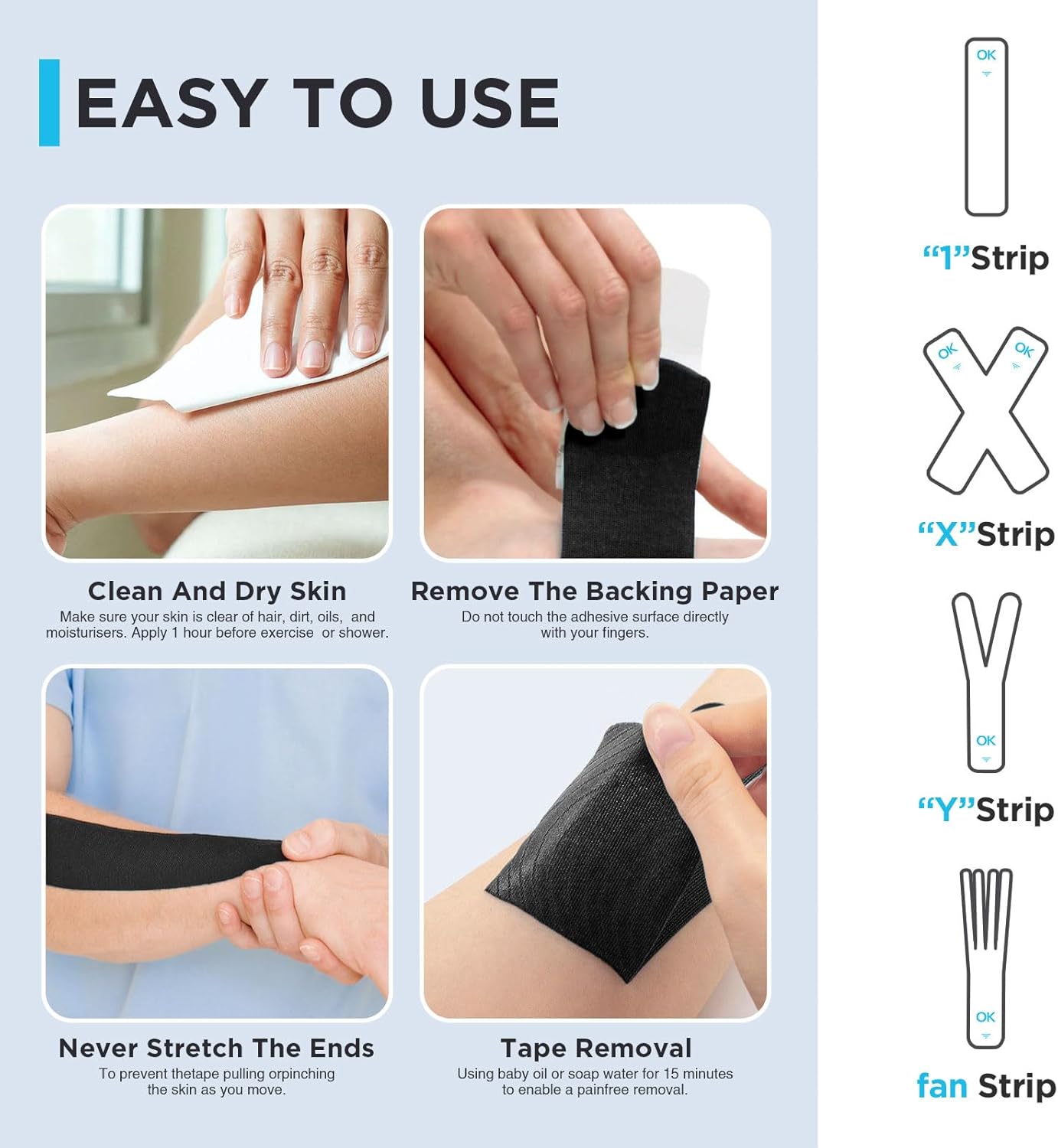 OK Tape Kinesiology Tape Pre-Cut Strips Bulk, Latex-Free Elastic Cotton, 2 in x 10 in

