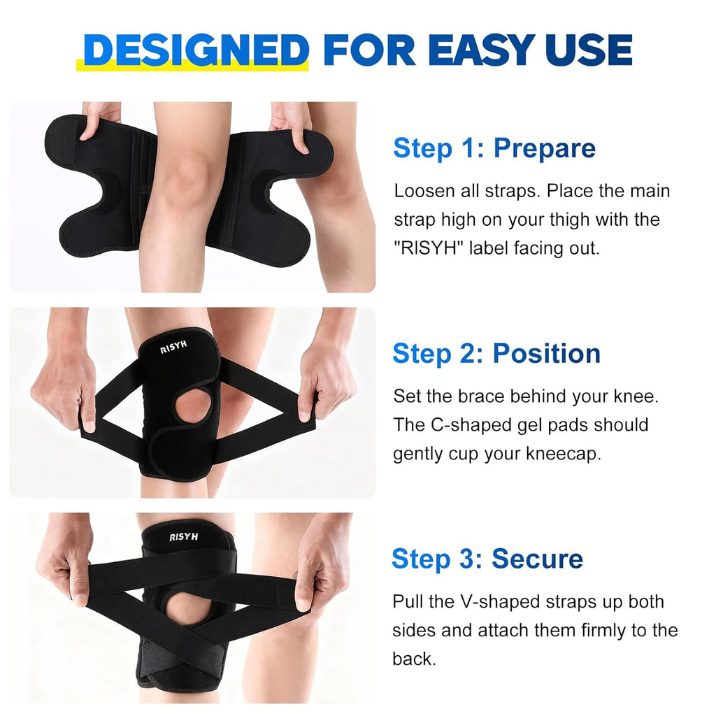 Risyh Adjustable Knee Brace with Cross Strap, Open Patella Gel Pad & Side Stabilizers

