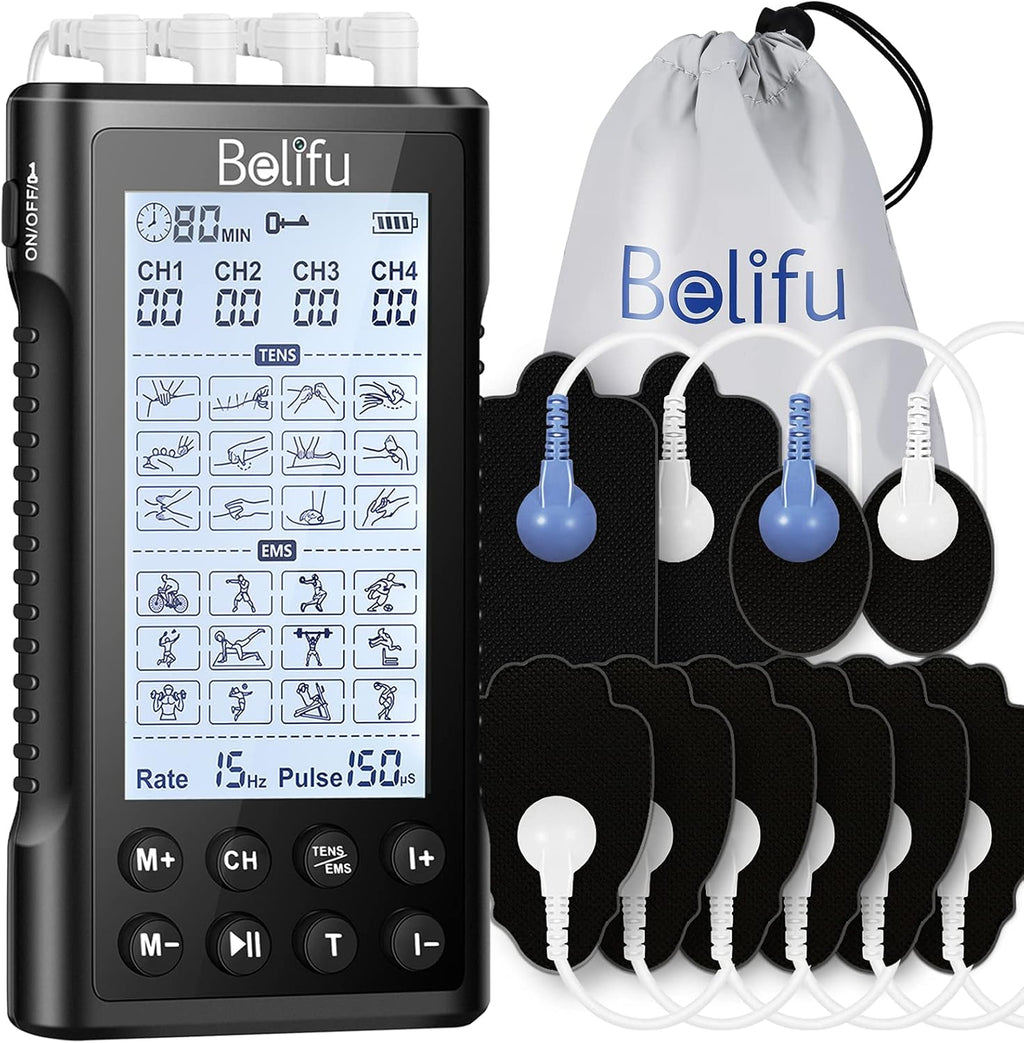 Belifu 4-Channel TENS EMS Muscle Stimulator Unit, Rechargeable Electric Pulse Massager

