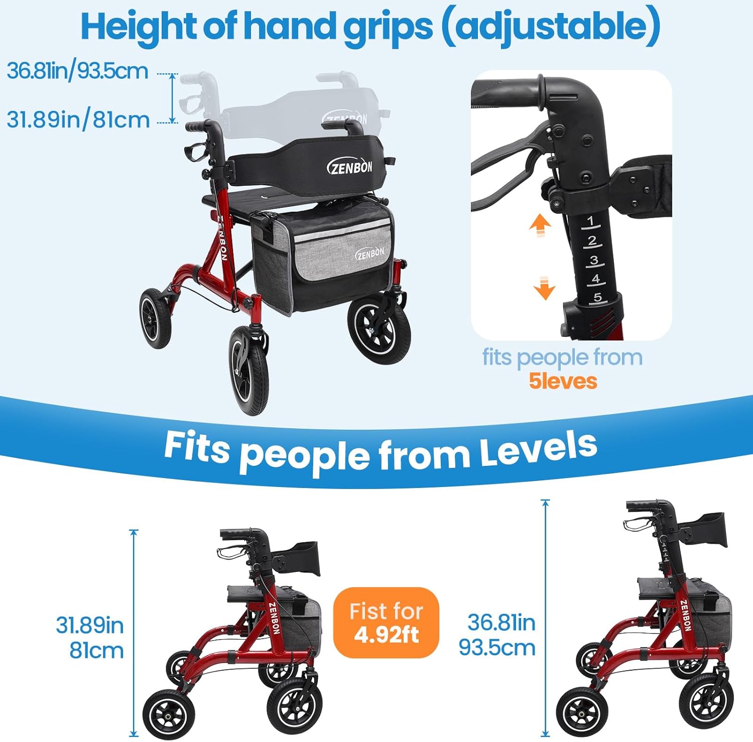 Foldable Rollator Walker with Seat, Adjustable Aluminum Mobility Aid, 330 lb Capacity

