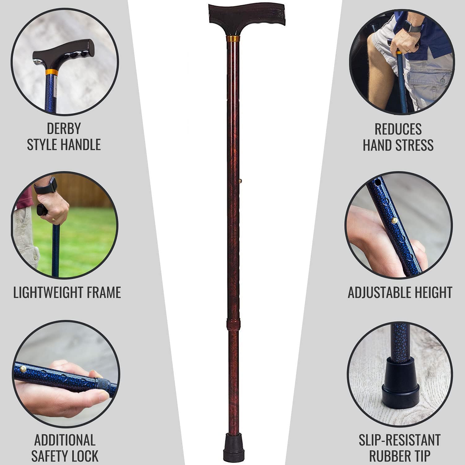 DMI Lightweight Aluminum Adjustable Walking Cane with Derby-Style Handle

