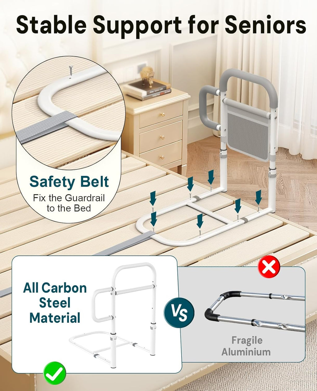 ONTHEWEI Bed Rails for Elderly Adults Safety, Dual Non-Slip Handle, Storage Pouch

