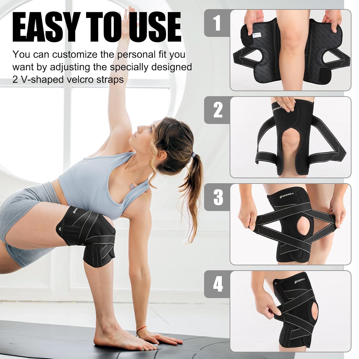 NEENCA Knee Brace Compression Support with X-Straps, Patella Gel Pads, Side Stabilizers

