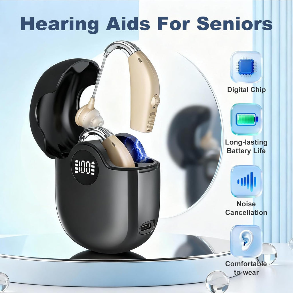 Rechargeable Hearing Aids for Seniors with Charging Case, Noise Reduction, Volume Control

