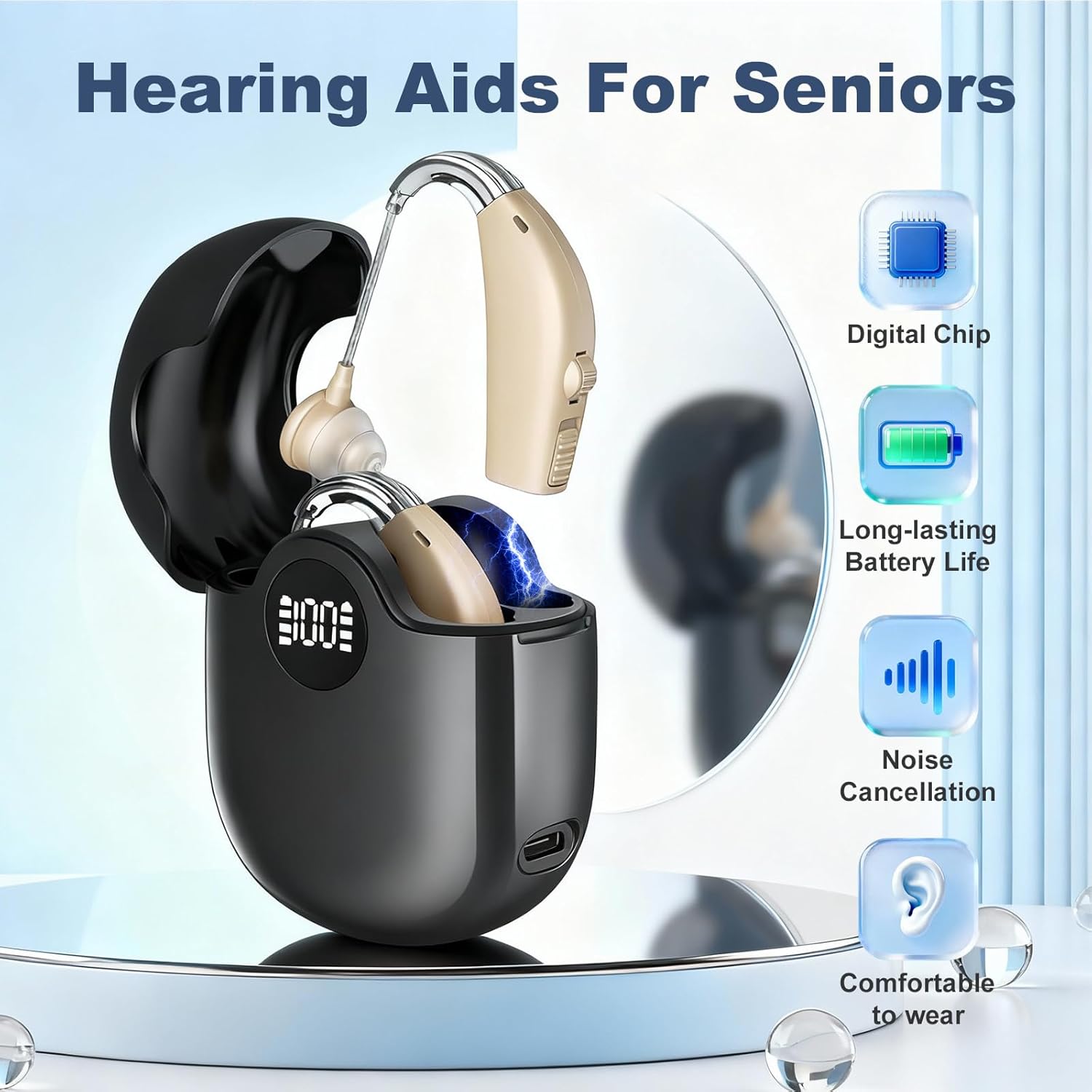 Rechargeable Hearing Aids for Seniors with Charging Case, Noise Reduction, Volume Control

