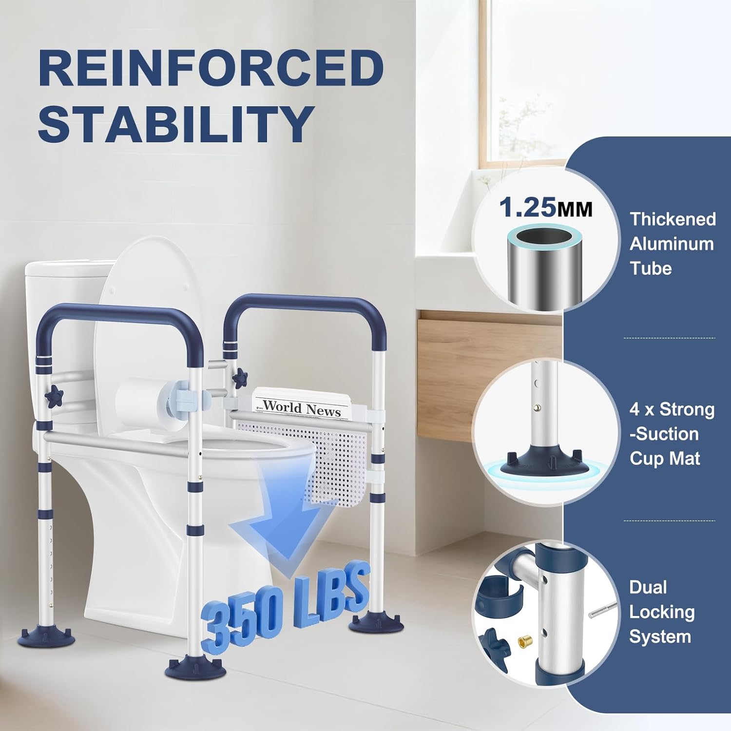 HolyHeal Adjustable Toilet Safety Rails for Seniors, Foldable Non-Slip Handles

