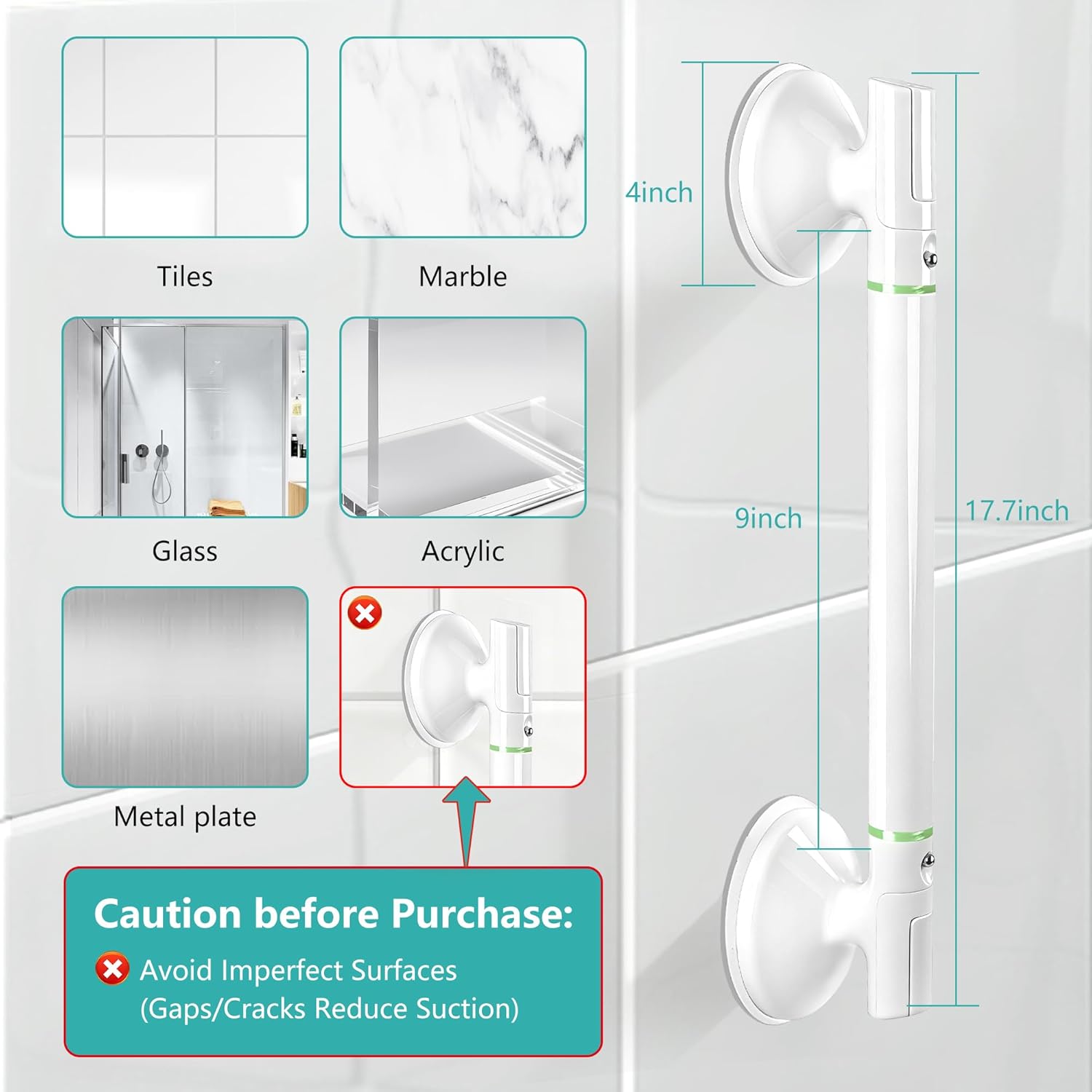 No-Drill Suction Shower Grab Bar for Seniors, Non-Slip Bathroom Safety Handle

