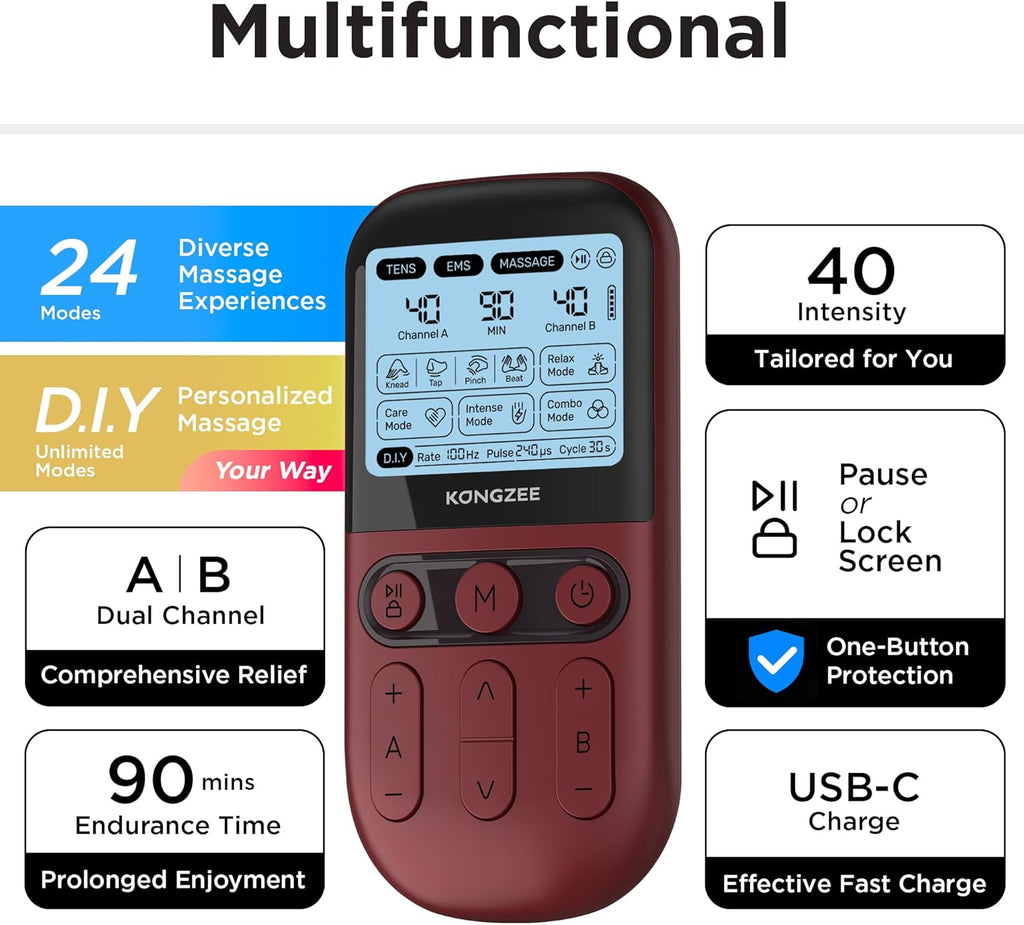 Kongzee 4-in-1 TENS Unit EMS Muscle Stimulator Rechargeable Pulse Massager


