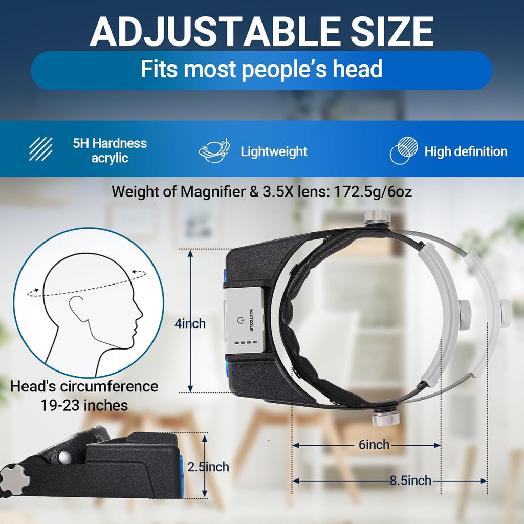 YOCTOSUN Rechargeable Headband Magnifier with Light, Hands-Free 4 Lenses 1.5X-3.5X


