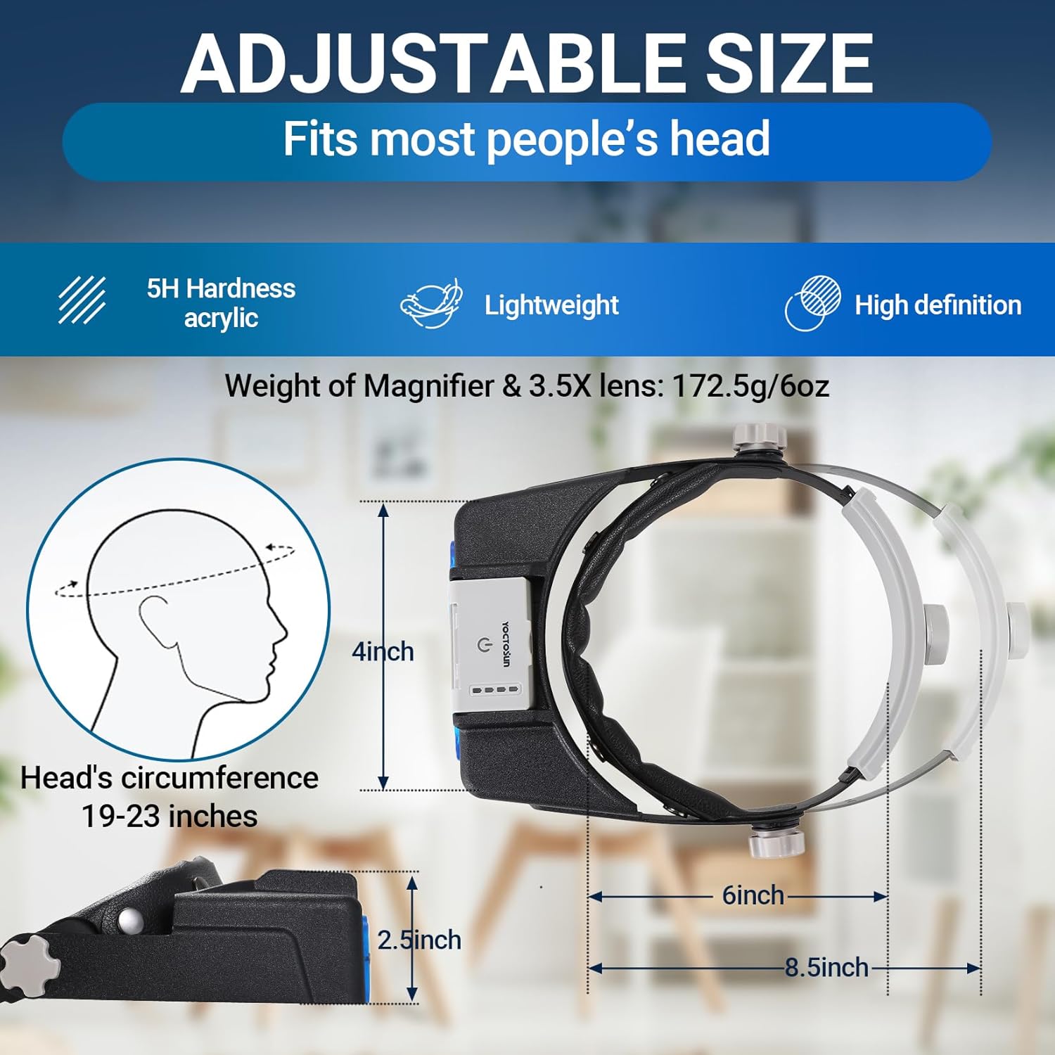 YOCTOSUN Rechargeable Headband Magnifier with Light, Hands-Free 4 Lenses 1.5X-3.5X

