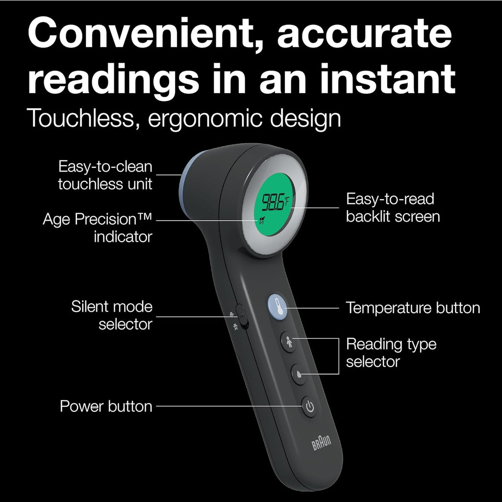 Braun Sensian 7 non-contact infrared thermometer with age precision technology and color LCD

