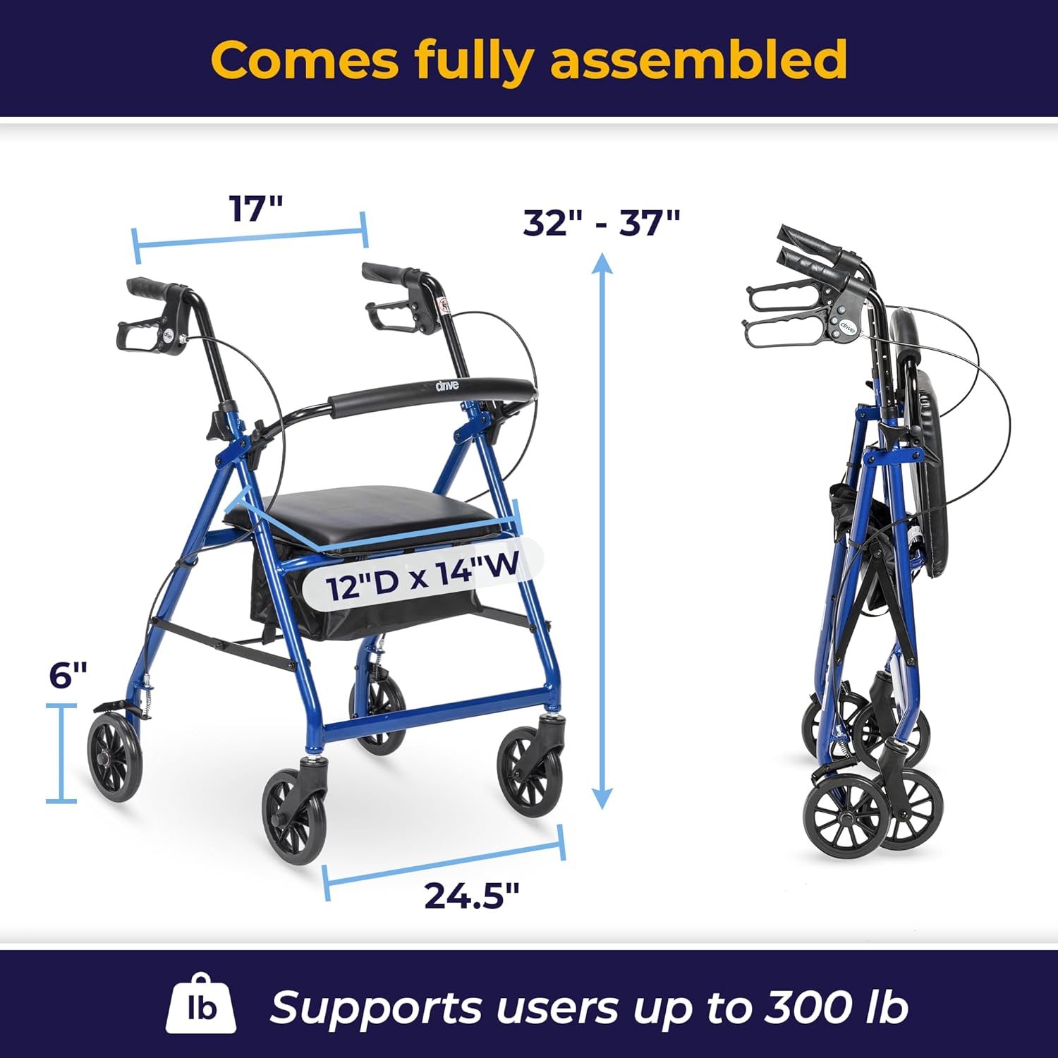 Drive Medical Aluminum Rollator Walker, Fold-Up Padded Seat, 6 in Wheels

