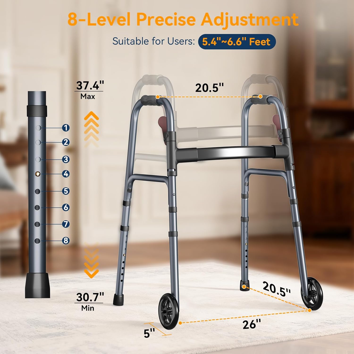 Folding Rolling Walker for Seniors, Height Adjustable, One-Hand Fold, 300 lb

