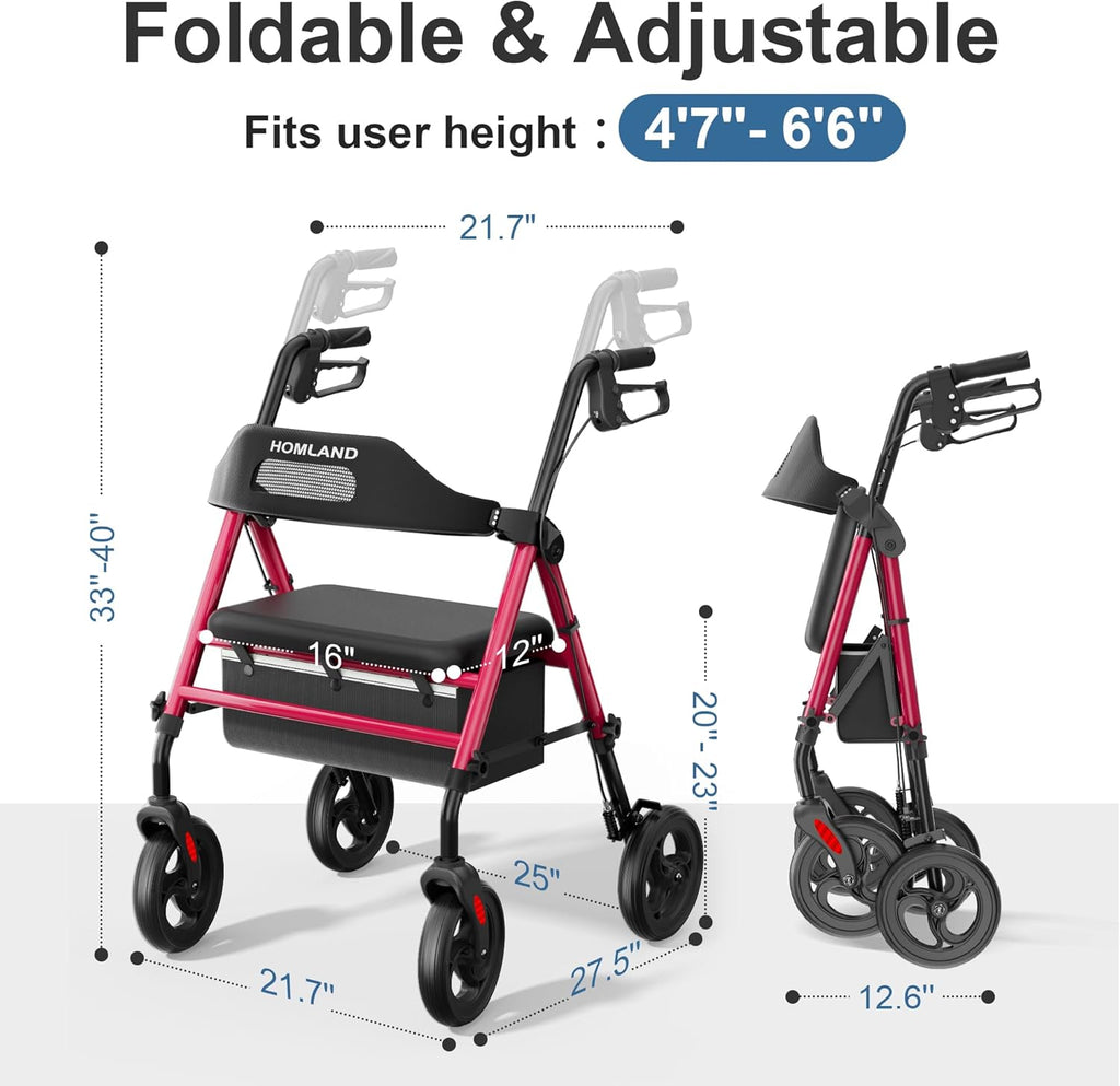 HOMLAND Foldable Rollator Walker with Seat, 8 in Wheels, Adjustable Handles

