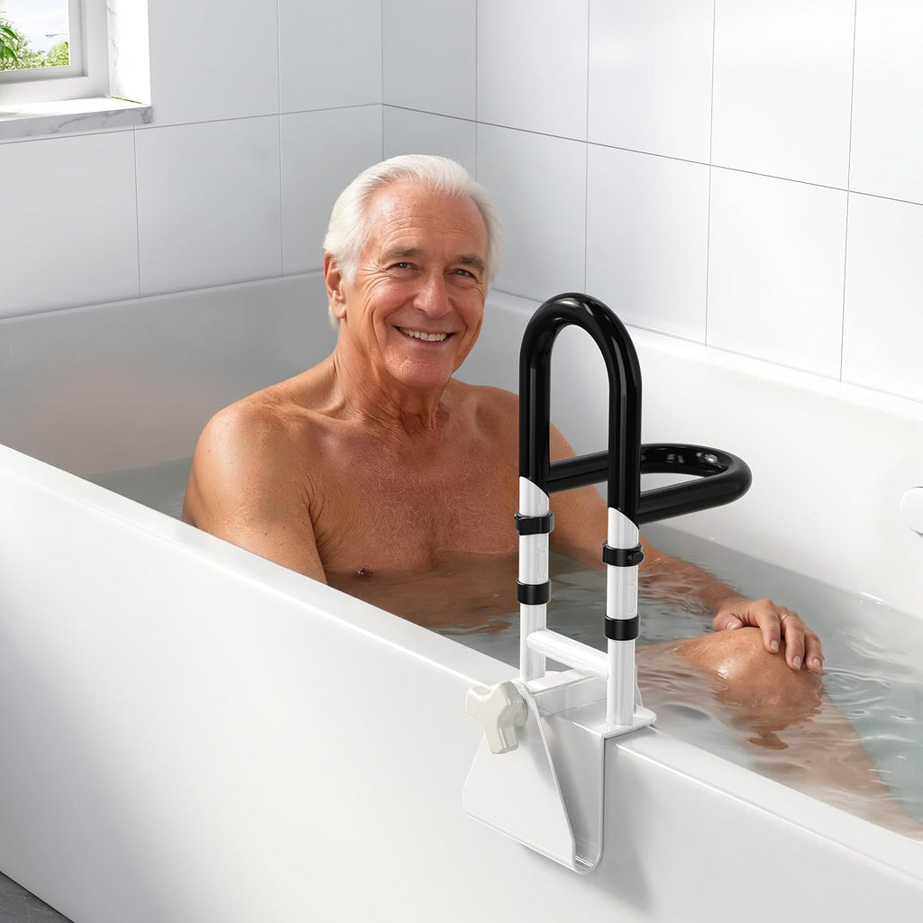 Adjustable Bathtub Safety Rail Clamp-On Shower Grab Bar, Non-Slip Dual Handles

