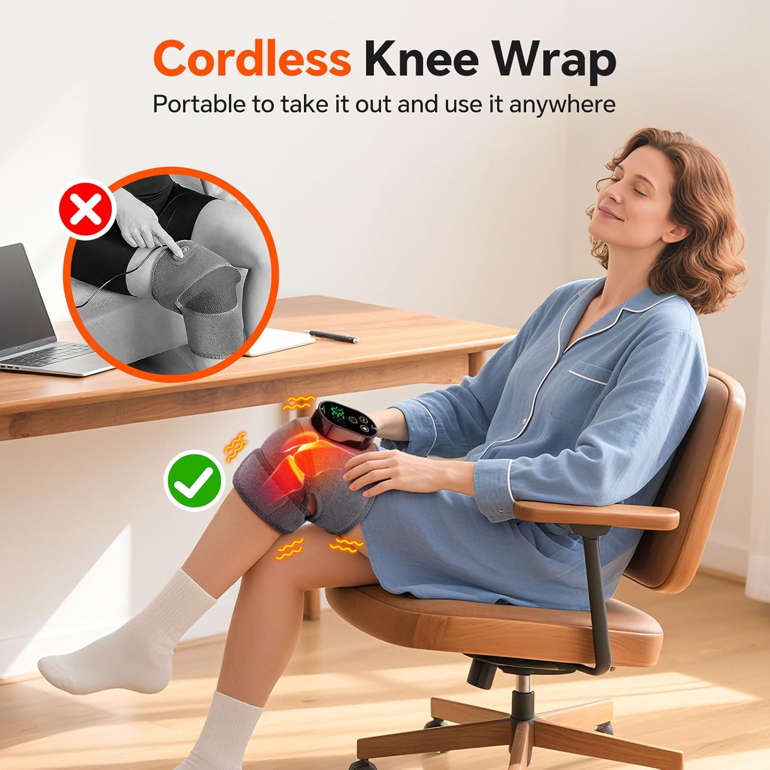 Cordless Heated Knee Massager with Heat, Vibration, Timer for Knee Pain Relief

