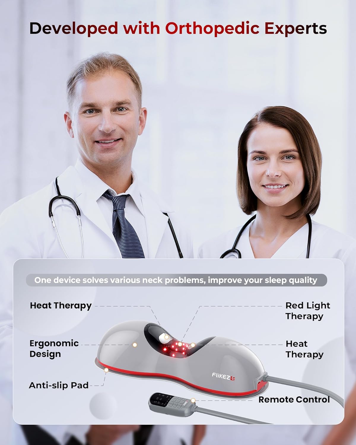 FliKEZE Heated Neck Stretcher with Red Light Therapy, Cervical Traction Device

